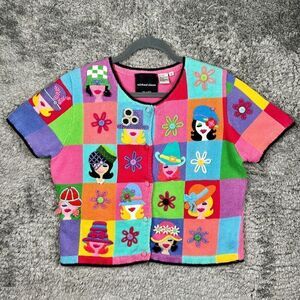 Vintage Michael Simon Sweater Faces Size M Cardigan Short Sleeve *READ*